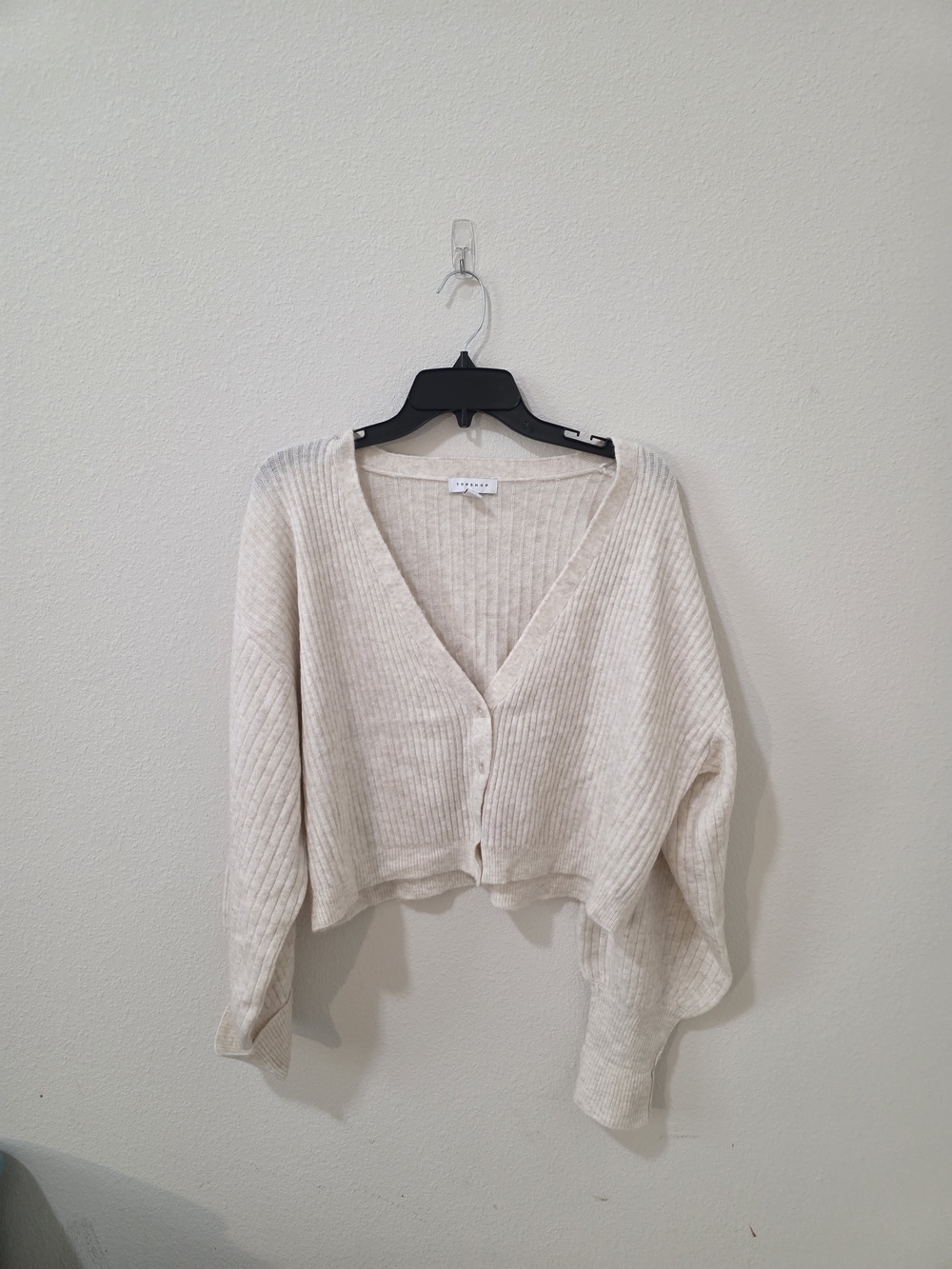 Topshop Cream Ribbed Cropped Button Cardigan